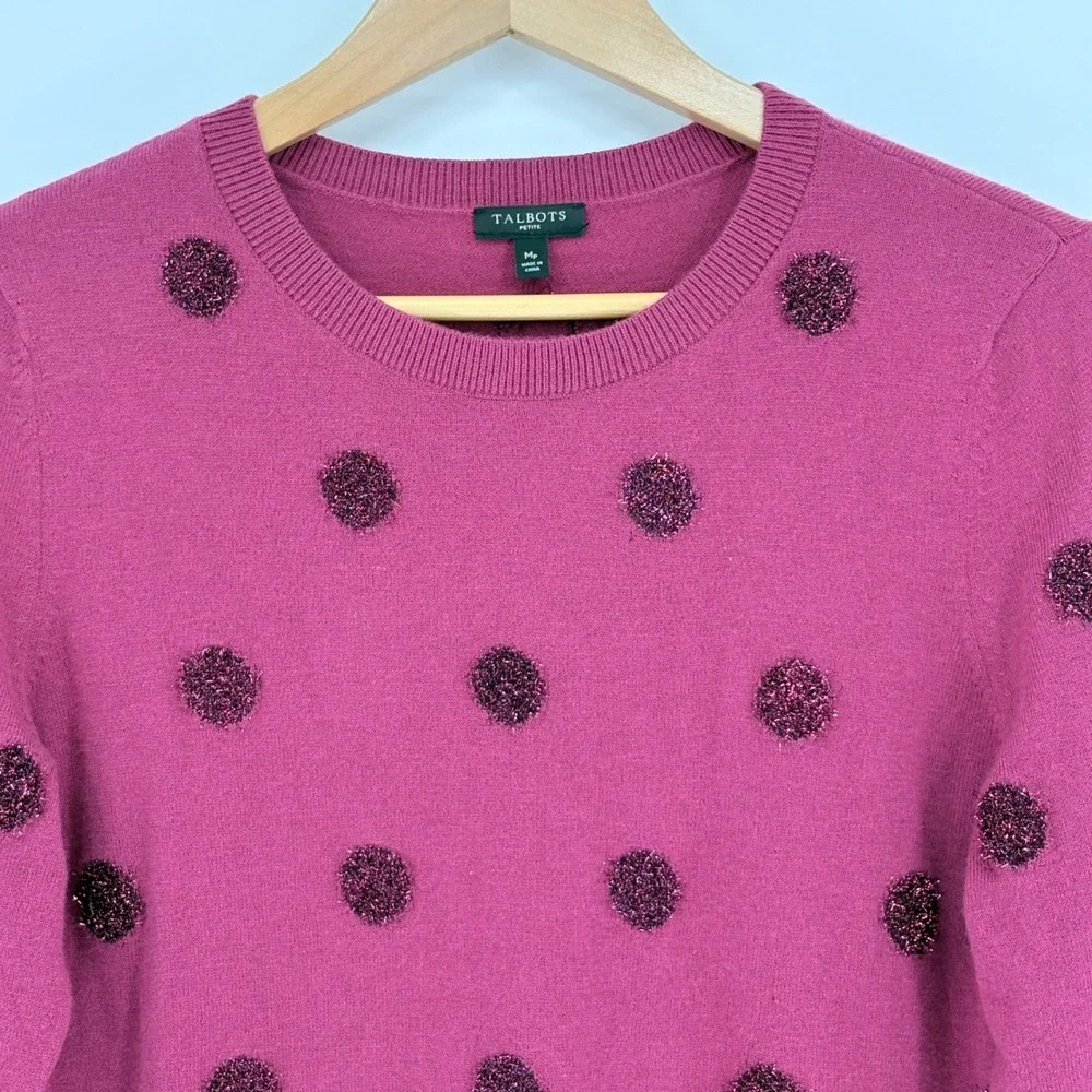 Talbots Petite Medium Wool Blend Sweater Fuchsia‎ Pink Metallic Polka Dot NWT
